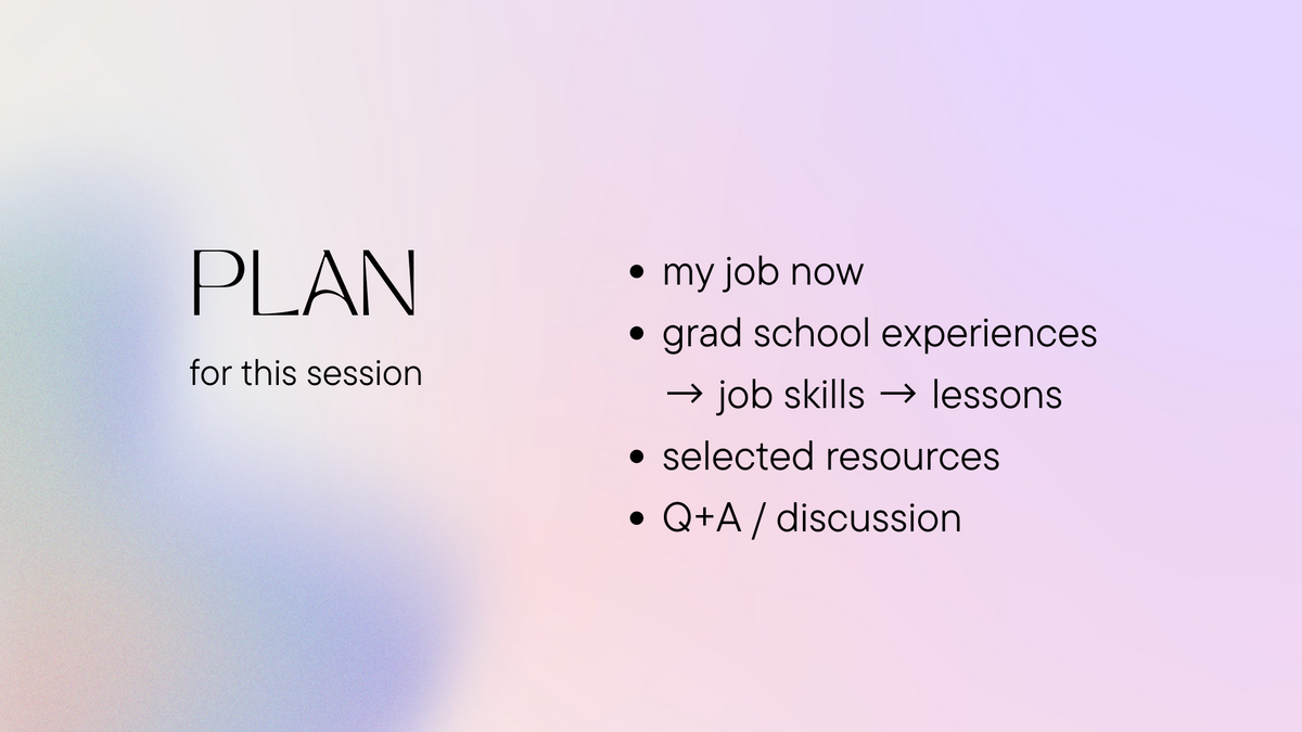 a pastel blurred background and stylized black text lays out the plan for the session in bullet points